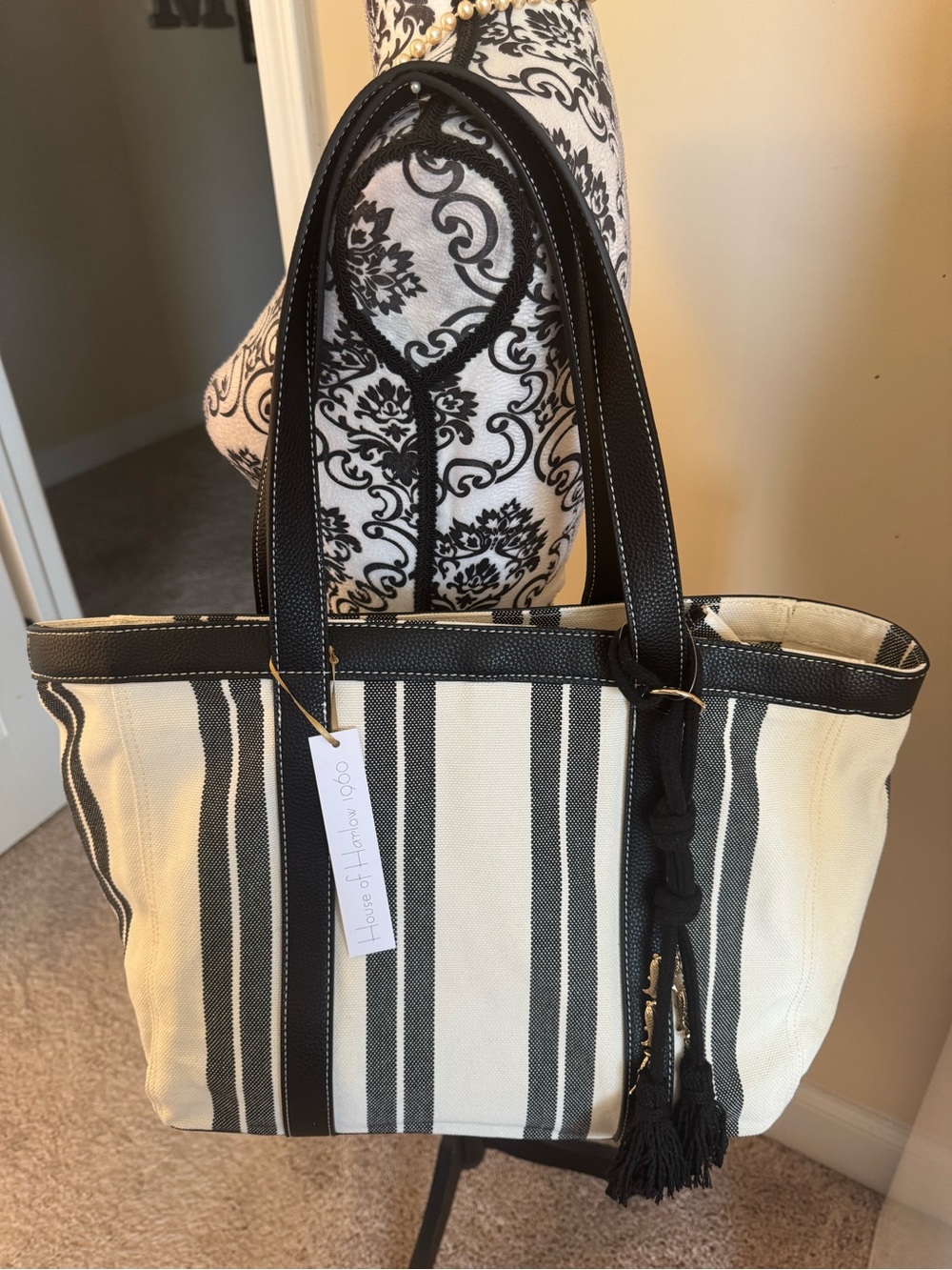 House of Harlow 1960 Black & Cream Striped Canvas Tote with Tassel NWT